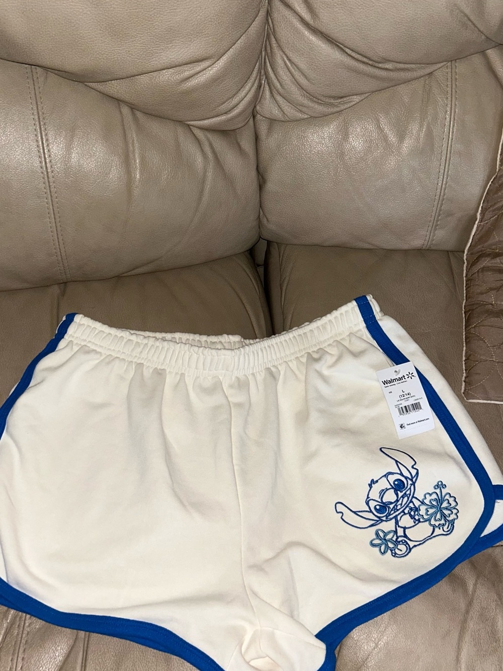 Women’s Cream and Blue Stitch-Trim Shorts with Stitch Graphic